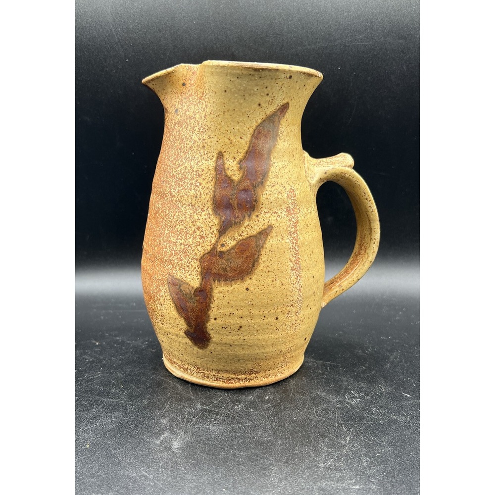 Studio Pottery Hand Thrown Pitcher Tan Brown Speckled Leaf Motif Signed K 7in